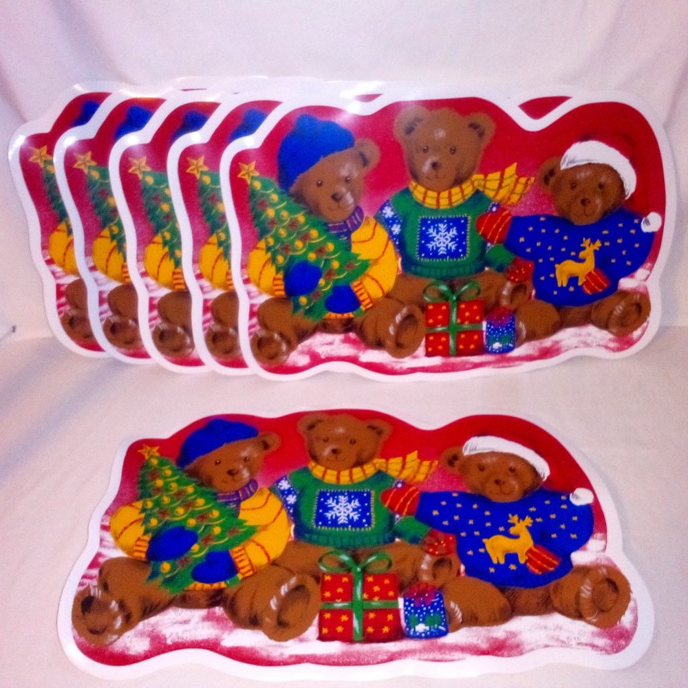 (6) Vintage Placemats:  Bears. Holiday. Vinyl. Wipeable.  New
